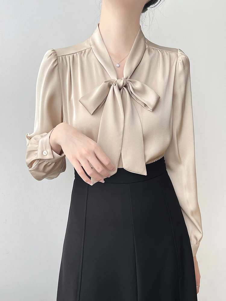 

Корейский шелковый атлас Long Sve, женский топ с Sa Knot, ранняя осень, профессиональный топ для поездок на работу и интервью