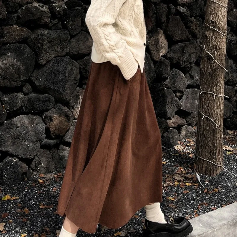 MiiiiX Retro Style Corduroy Long Skirt Women's Casual Clothes 2024 Autumn Soild Color Loose A-line Vintage Large Hem Midi Skirt