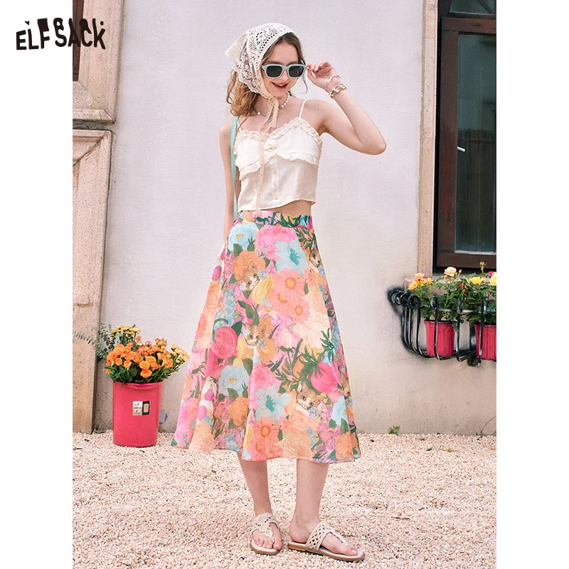 ELFSACK 2024 Summer New High waist oil painting sexy holiday style free feeling midi skirt skirt for women