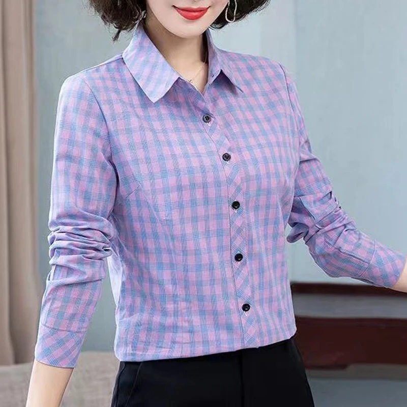 New Women Vintage Classic Plaid Elegant All Match Button Shirts Spring Autumn Fashion Office Lady Basic Blouses Long Sleeve Tops