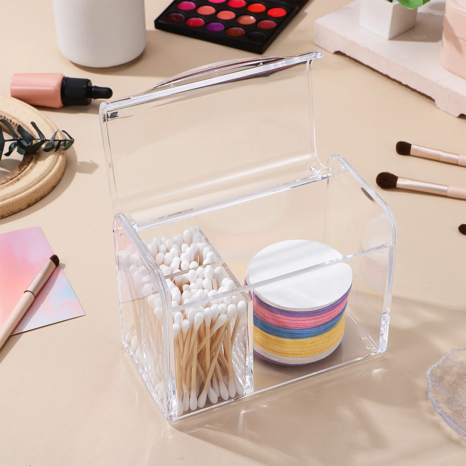 

2 Compartments Cotton Swab Container Large Capacity Acrylic Storage Box For Cotton Pads Balls Holder Desktop Organizer