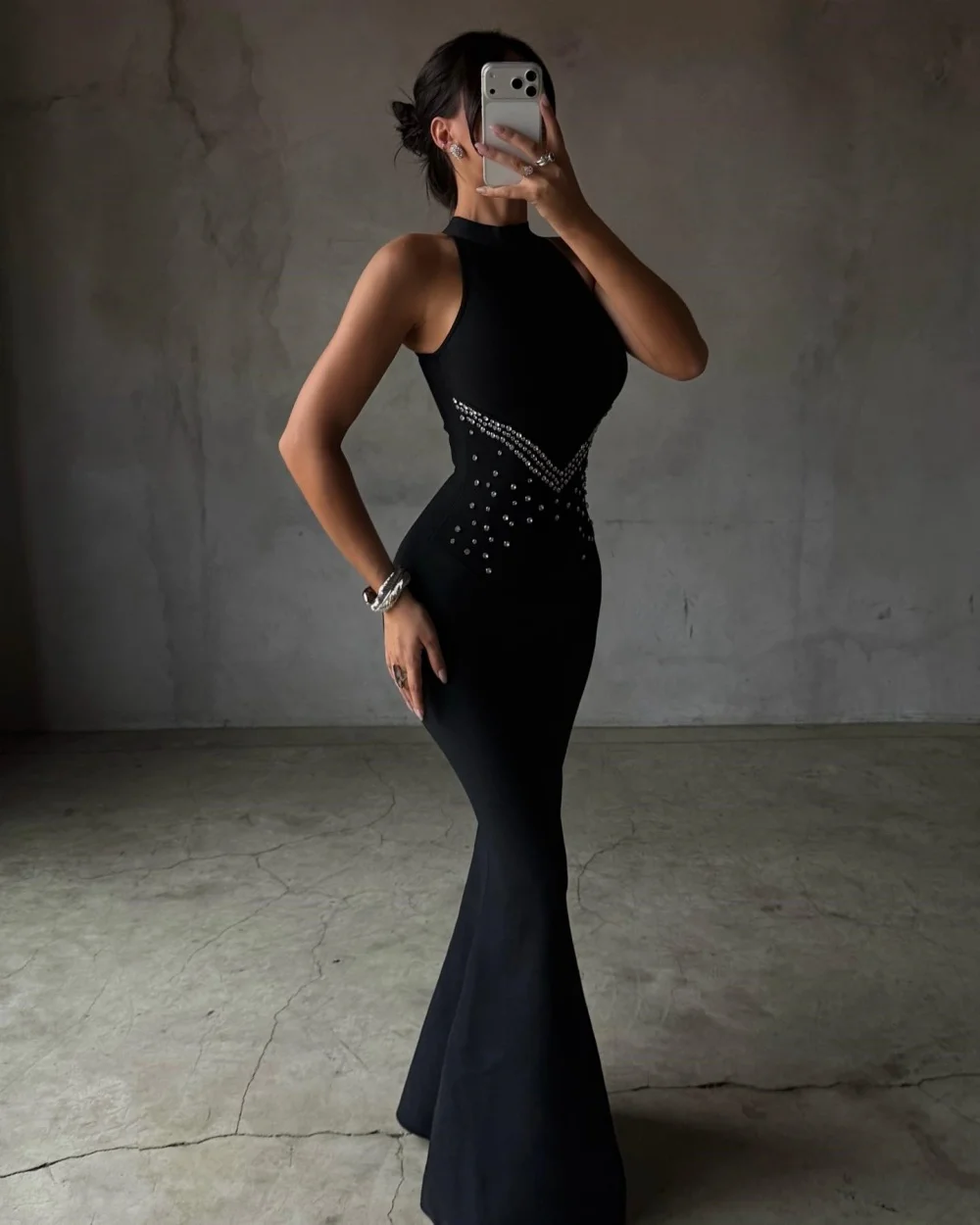 

Customized Classic Elegant Jersey Rhinestone Pleat Mermaid Prom Dreasses High Collar Sleeveless Long Dresses Evening Dresses