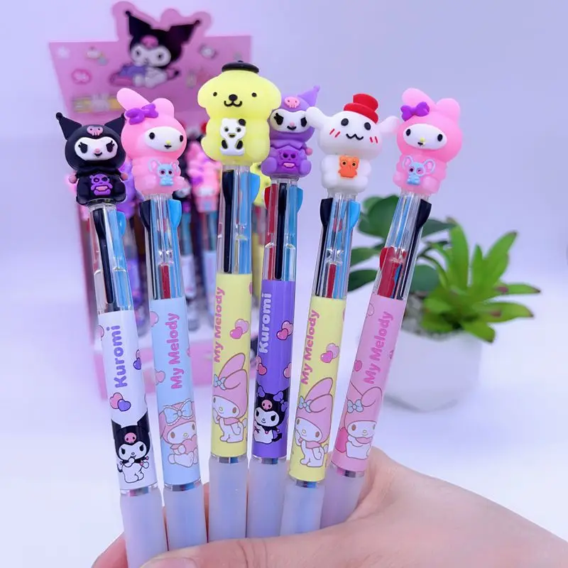 48pcs/ Box Creative Cartoon Pompom Purin Kuromi Tri-color Ballpoint Pen Cute Silicone Colored Pen Student Writing Pen Stationery