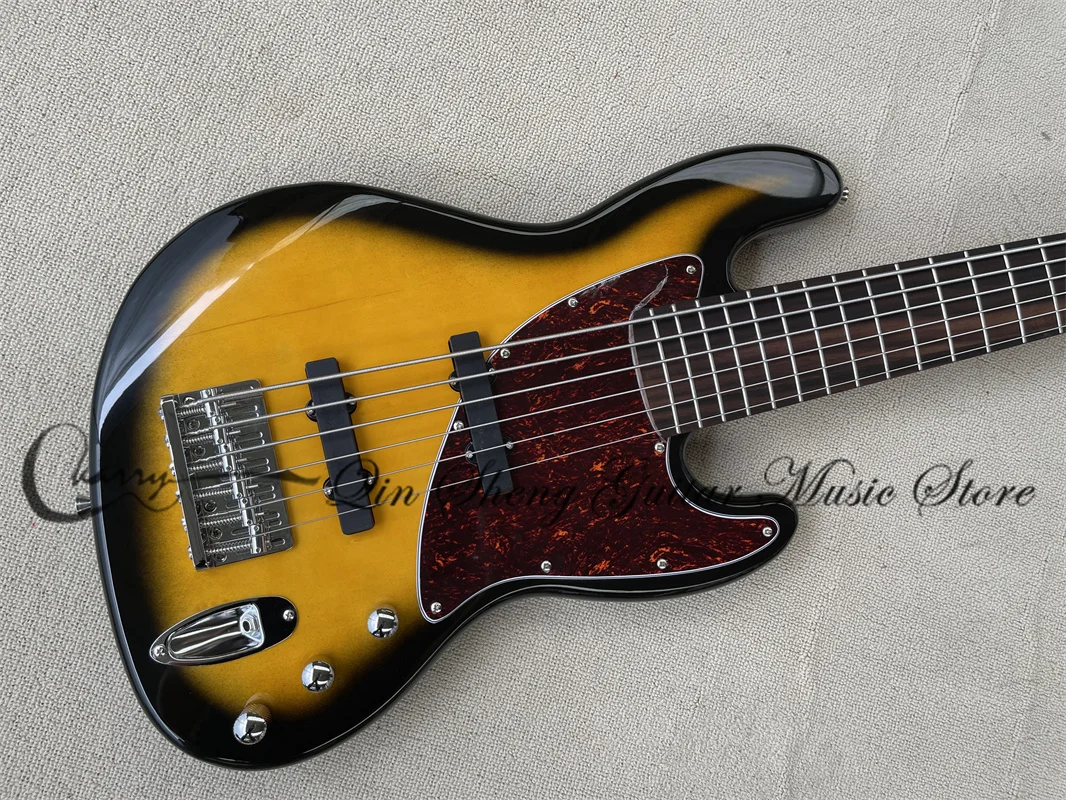 6 Strings Electric Bass Sunburst Jaz Bass Rosewood Fretboard Red Tortoise Shell Gurard Fixed Bridge Factory Custom