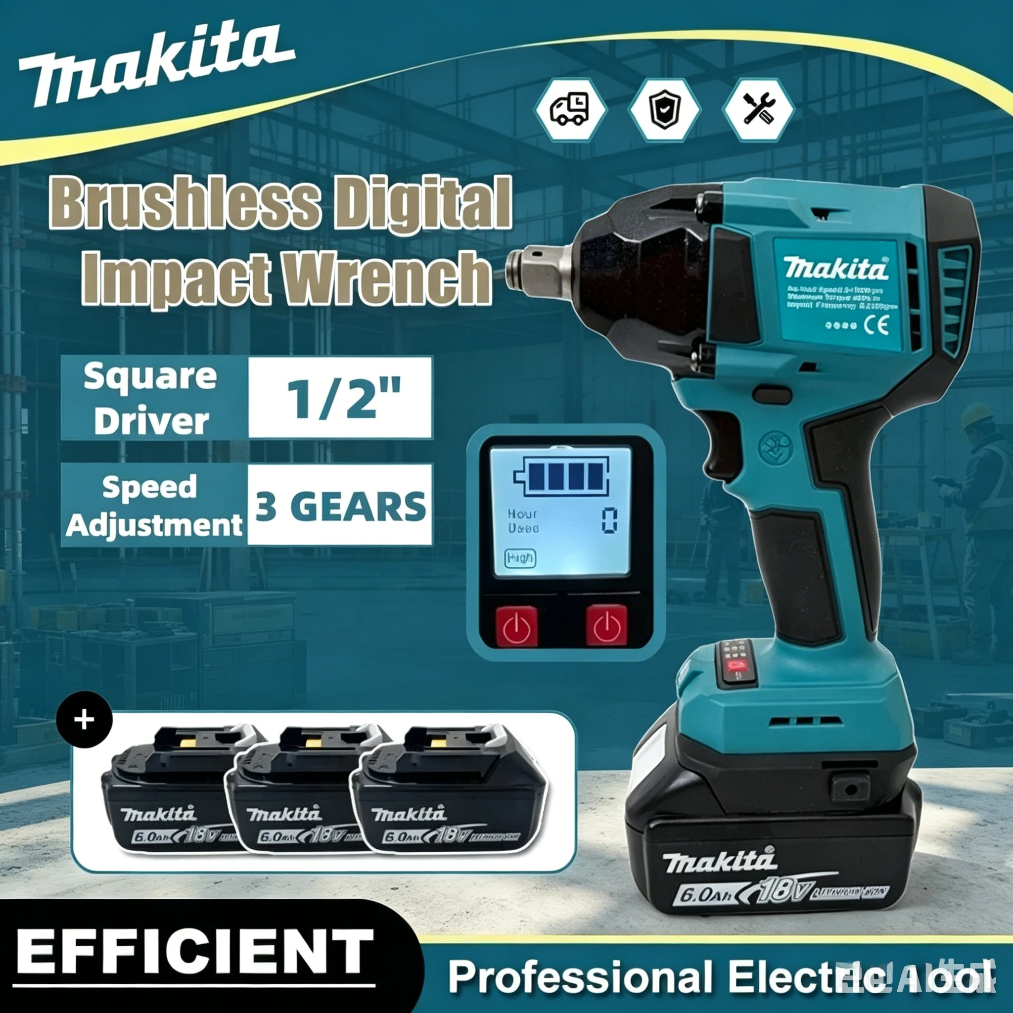 

Makita Brushless Digital Display Electric Impact Wrench Cordless Electric Torque Wrench 1/2 Inch Screwdriver Power Tool for 18V