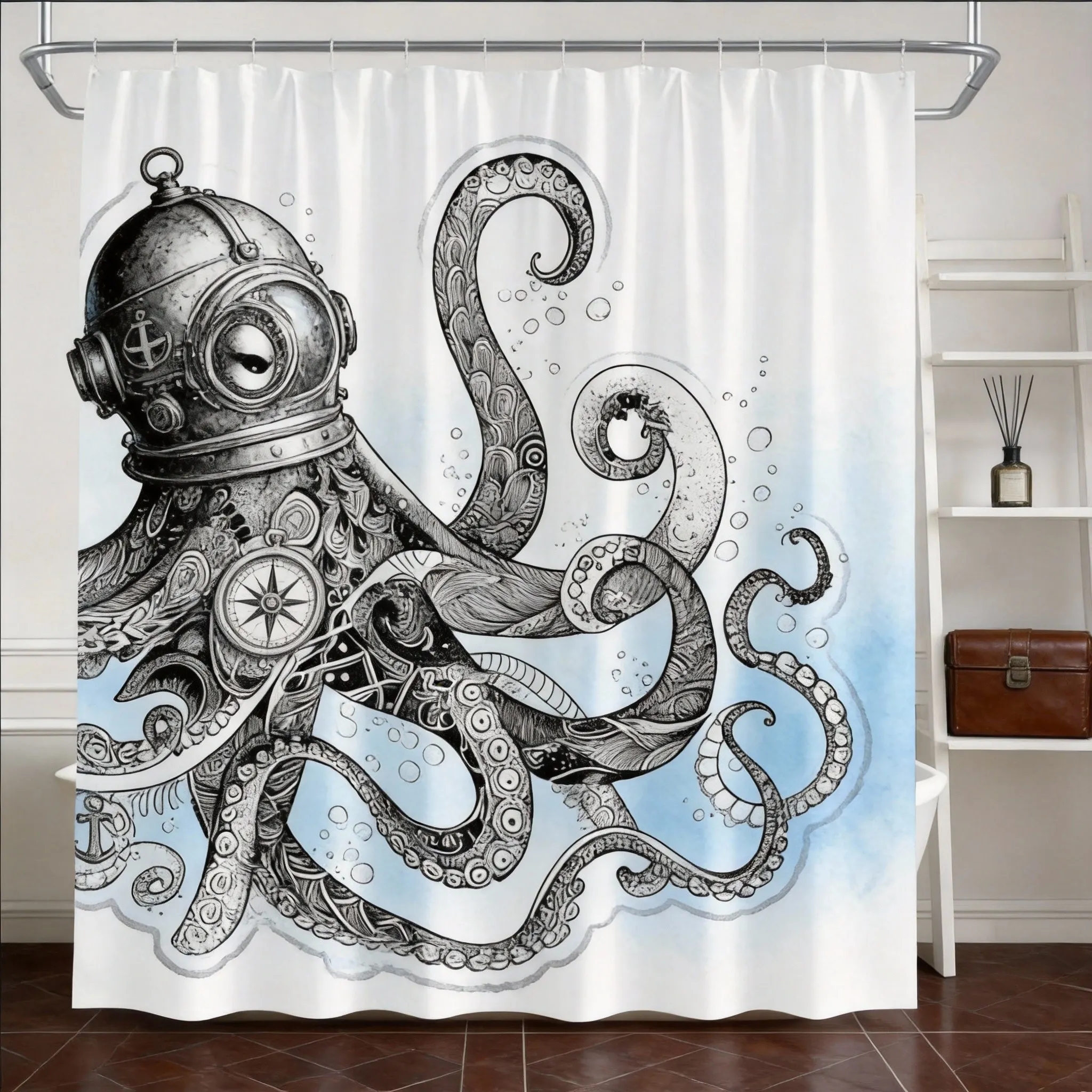 

Черно-белая занавеска для душа с изображением осьминога, 180x180 см – ручная роспись, можно стирать в машине, 12 крючков, декоративная занавеска для ванной комнаты