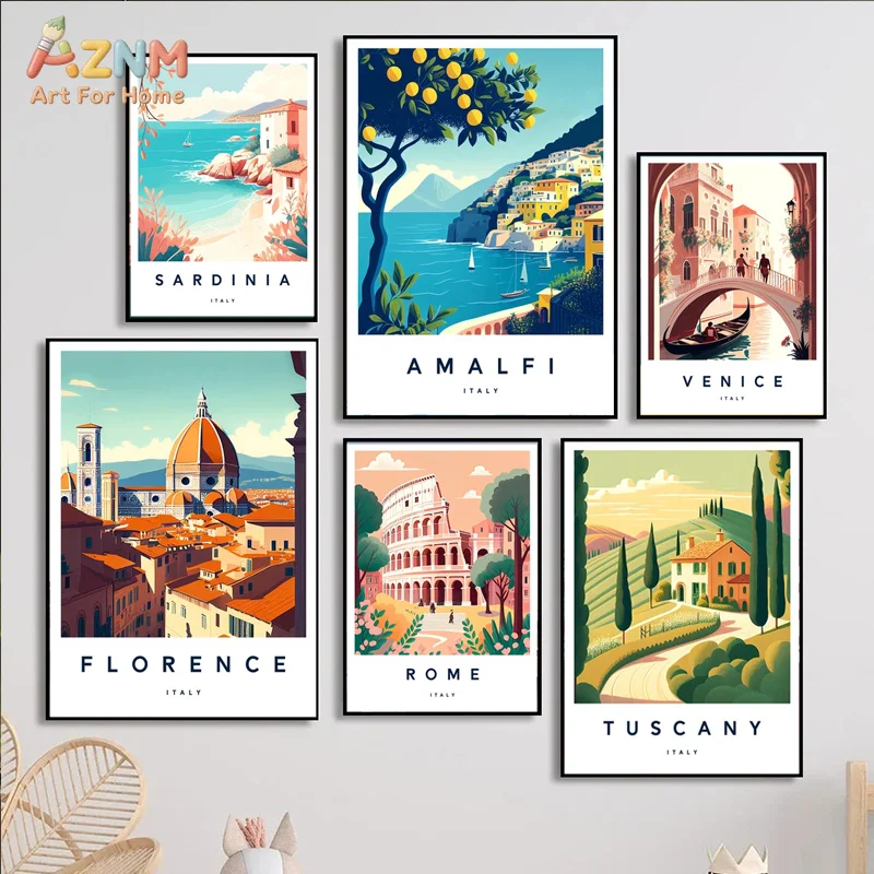 AZNM Italy Travel Canvas Wall Art Amalfi Rome Venice Florence Tuscany Vintage City Landscape Aesthetic Home Decor Poster Unframe