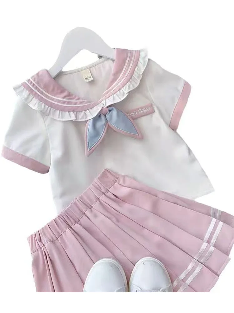 Conjunto de uniforme de estudiante para niños y niñas, camisetas con cuello mandarín JK y faldas plisadas, traje de 2 piezas, uniforme escolar para niños, verano