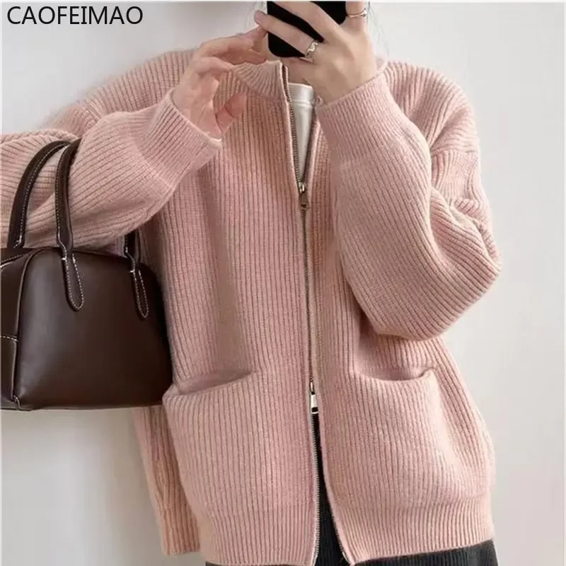 Caofeimao 2023 Women Spring O-Neck Cardigans Zip Design Loose Style Long Sleeve Women Soft Sweater Winter Cardigans Coat