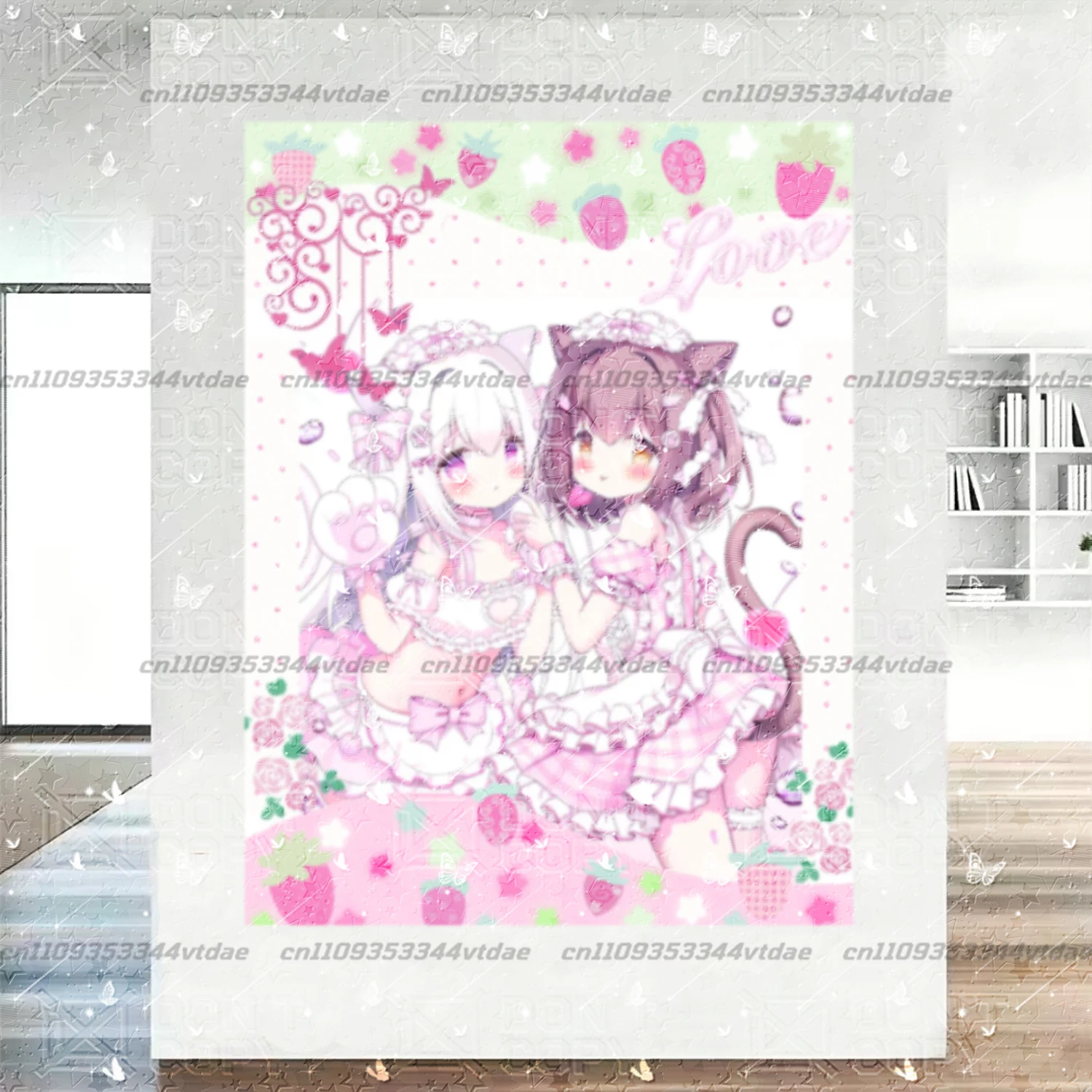 Sweet Strawberry Neko Girl Duo Tapestry, Pink Pastel Kawaii Cat Ear Anime Character Wall Hanging Lolita Bedroom Dorm Decor
