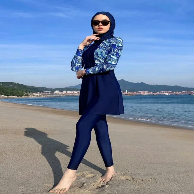 2027 New 3PCS Burkini Muslim Swimwear Women Modest Swimsuit Long Sleeve Zipper Hijab Pants Set UPF50+ Islamic Beach Bathing Suit