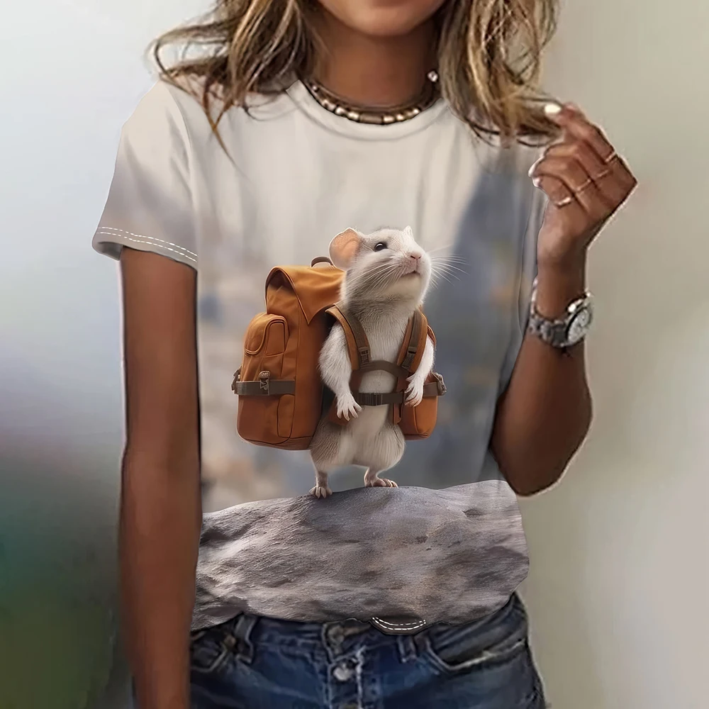 Cartoon Rat Graphic T Shirt Summer Fashion Girl Clothes Funny Animal Print T-Shirt O-Neck Outdoor Daily Casual Short Sleeve Tops