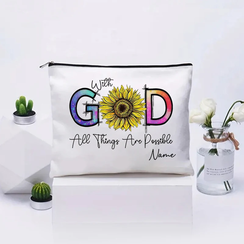 Gepersonaliseerd met God zijn alle dingen mogelijk Aangepaste naam Zonnebloem Cosmetische tas Religieuze make-up tas Christelijk cadeau Bijbelgeschenken