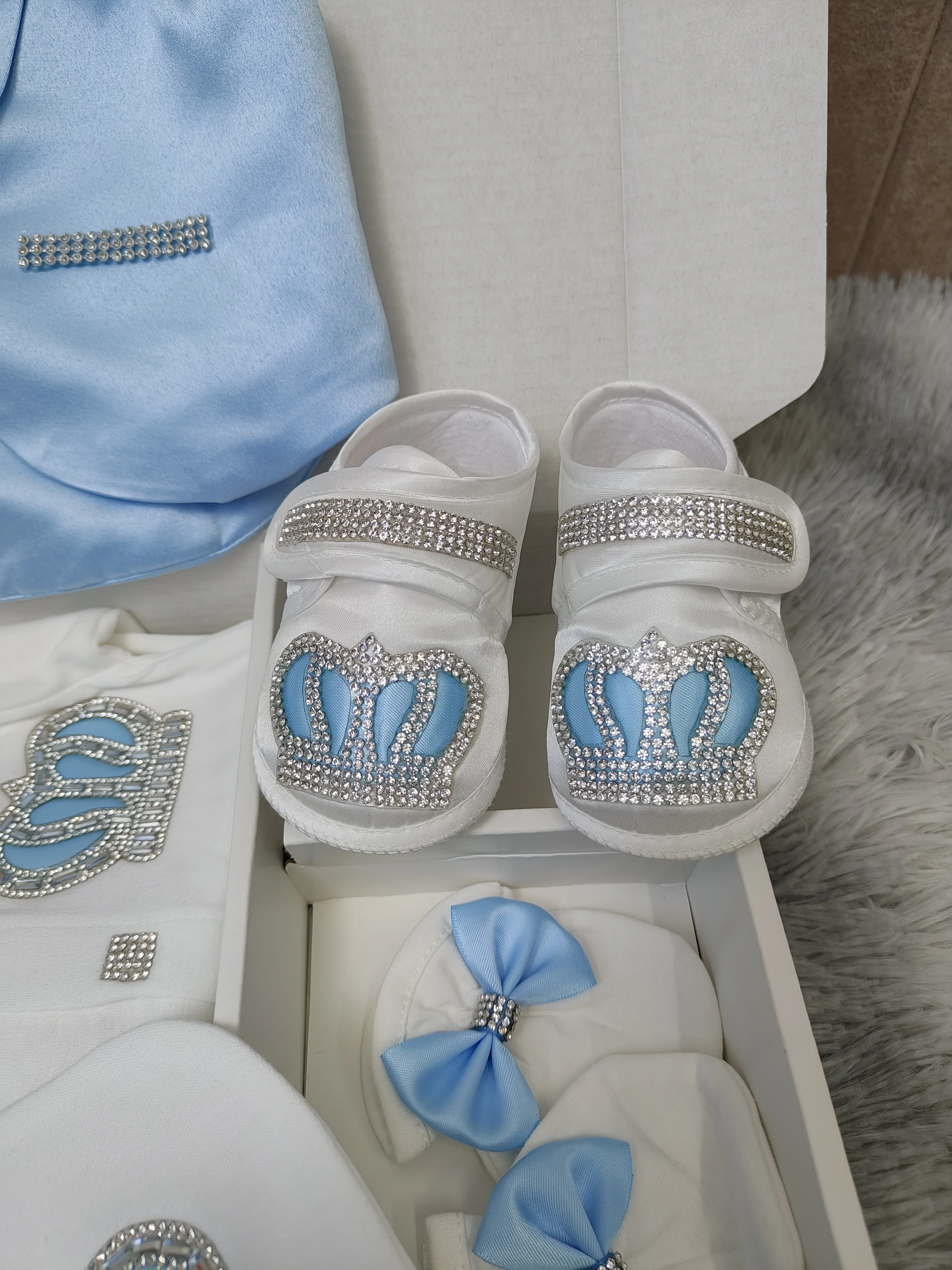 Royal Baby Boy Prince Style 5Pcs Blue White Rhinestone Footed Romper Christening Baptism Formal Suit Hat Shoes view 4