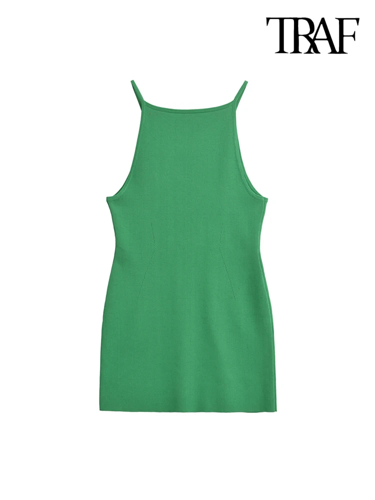 TRAF-Sleeveless Green Knit Mini Dress for Women, Thin Straps, Female Dresses, Chic Fashion