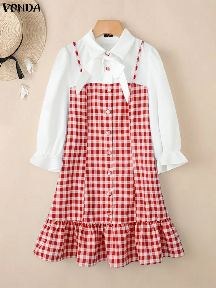 VONDA 보헤미안 짧은 드레스 여름 여성 3/4 퍼프 슬리브 캐주얼 격자 무늬 베스 티드 루즈 라펠 러플 스트리트 패치 워크 파티 로브