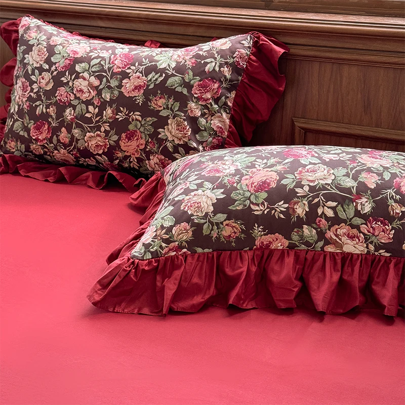 Red Rose Cotton Bed Skirt,Bedding Set, Duvet Cover, Linen Fitted Sheet, Pillowcases, Home Textile