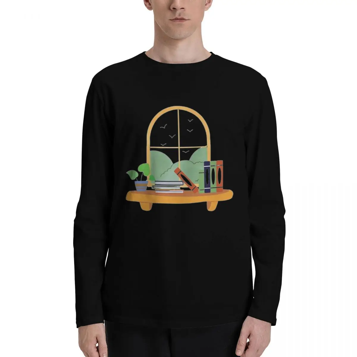 Books_with_a_View Classic Men's Long-Sleeve T-Shirt, Soft Cotton Fabric, Versatile Style, Perfect for All Seasons.