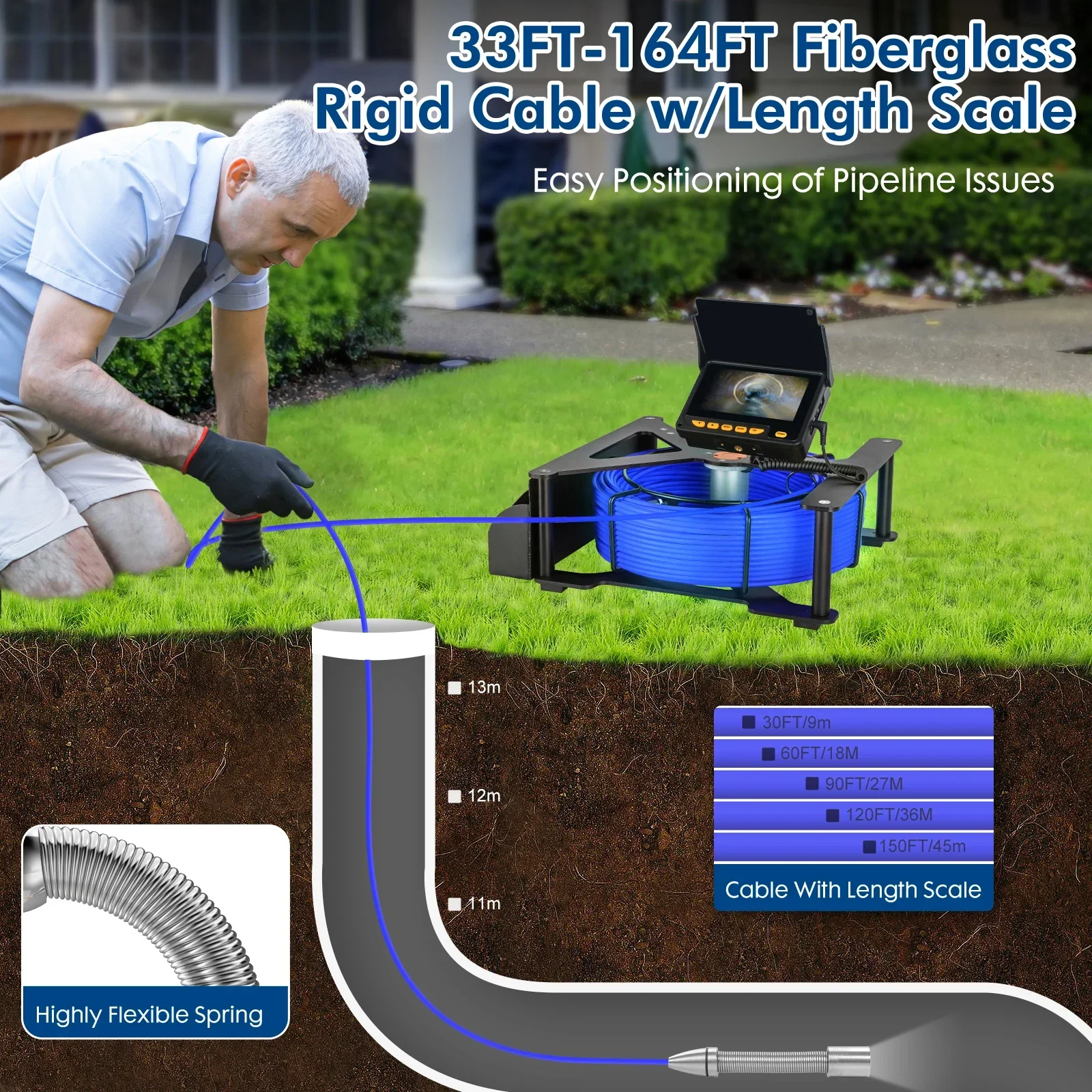 Lndustrial Pipeline Endoscope Sewer Detection IP68 Waterproof 4.3-inch Display Screen 16GB FT Card 23MM Lens 12LED 20/30/50M