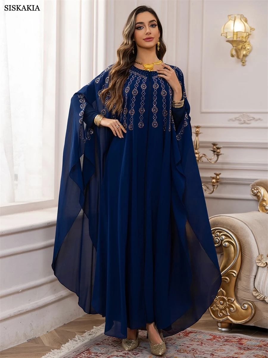 Siskakia muçulmano strass decorado abaya capa batwing manga kaftan dubai malha conjunto de duas peças vestido miçangas 2025