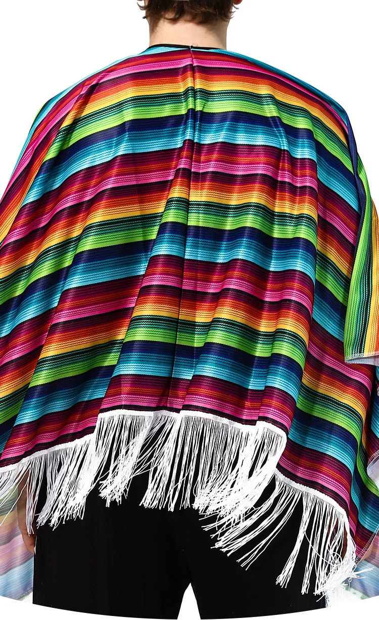 Rainbow Stripted Mexican Poncho Costume Cosplay Festival Party Adult Mexican Ethnic Folk Cape Shawl Halloween Holiday Hawaii