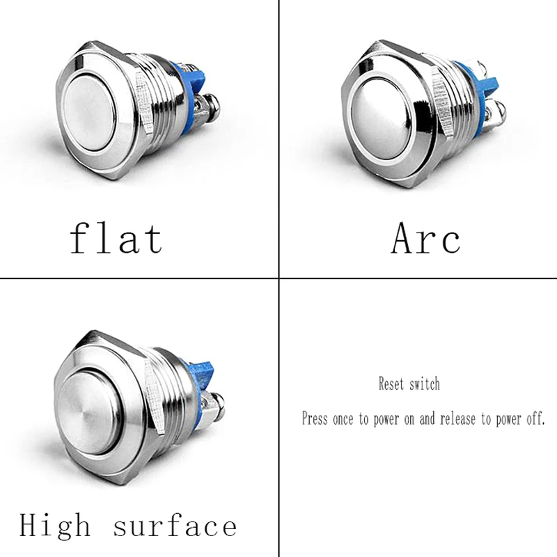 Mini interruptor de botón de Metal, reinicio automático, esférico, plano, redondo, plano, con Terminal, 16mm, 19mm, 250V, 5A