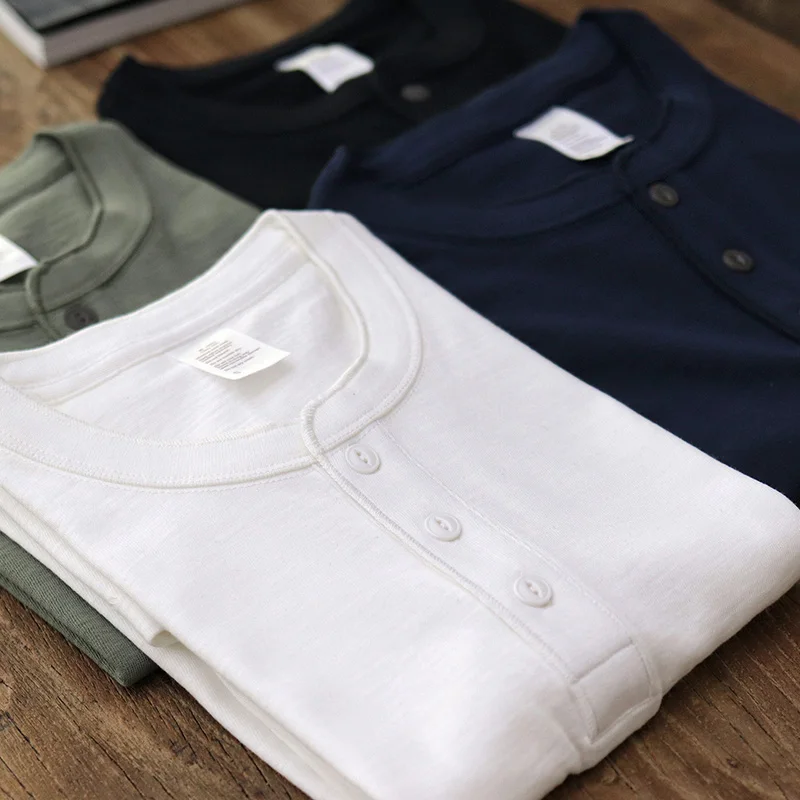 

Винтажная мужская футболка из чистого хлопка и бамбукового волокна, белая, с коротким рукавом, в стиле Хенли, стандартный крой, повседневный стиль, летняя, из тонкой ткани