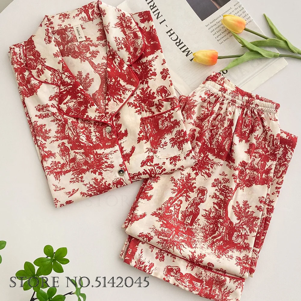 Women's Long Sleeve Pajamas Two Piece Set Sexy Red Flower Satin Sleepwear Trouser Suits Spring Autumn Casual Homewear Loungewear