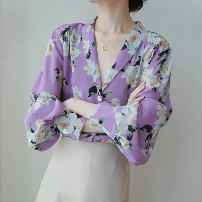 Vintage Purple Floral Print Blouse Elegant Office Lady Notched Collar Silk Shirt 2024 New French Style Women Loose Clothes 27268