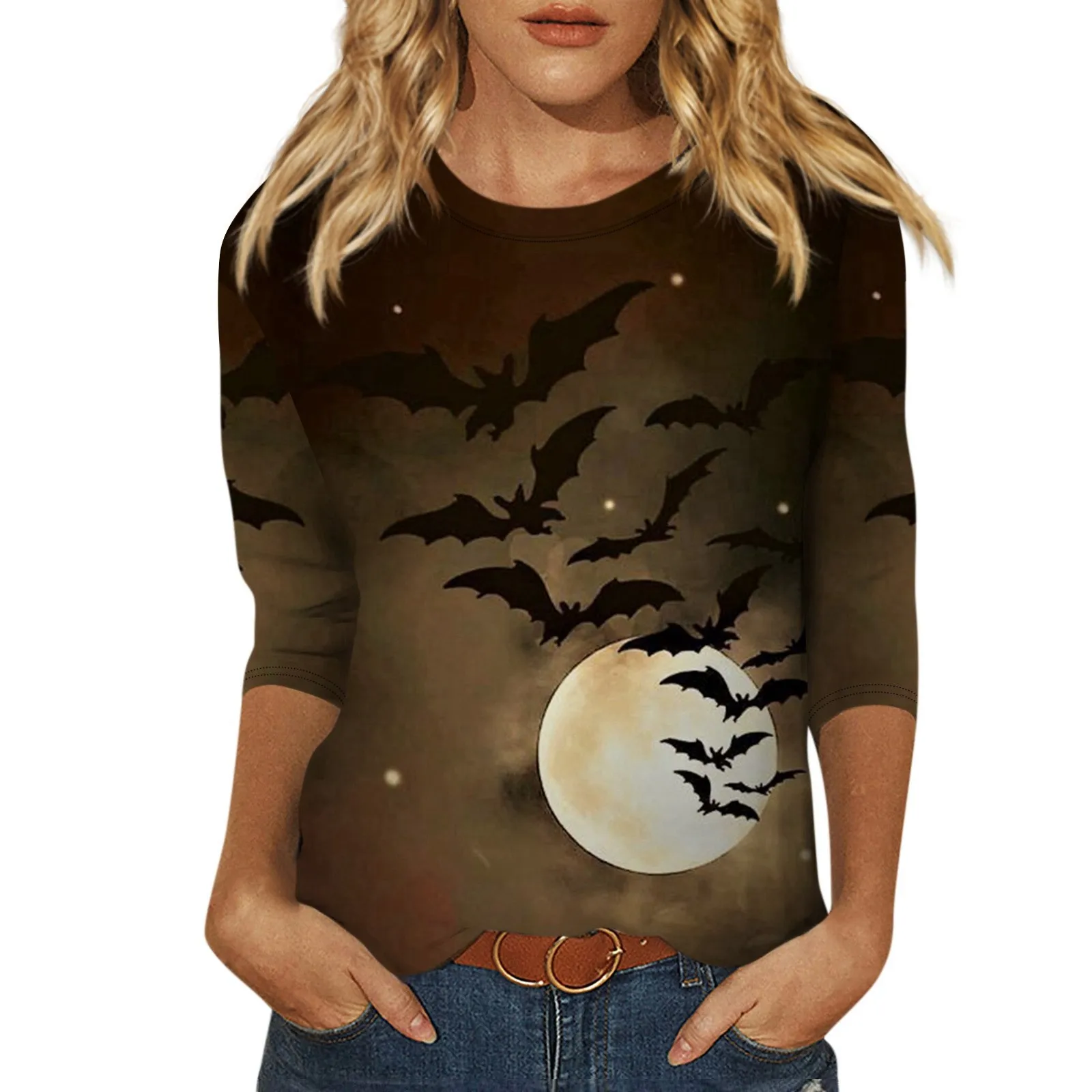 Women\'s Fashion Casual Round Neck 3/4 Sleeve Loose Halloween Printed T-Shirt Ladies Top Tops for Women Womens Tops and Blouses