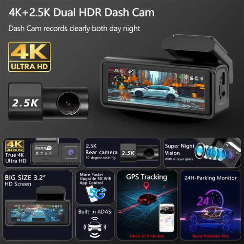 Imagen 2 del producto Cámara de Coche Ultra HD 4K, Delantera 2.5K, Trasera, Mini DVR WIFI, Caja Negra, con Monitor de Estacionamiento 24H, Visión Nocturna, GPS/Cámara de Visión Trasera
