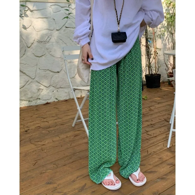 

Rhombus Printed Wide-leg Pants Women's New Elastic High-waist Pressure Pleated Casual Loose Thin Floor-mopping Trousers