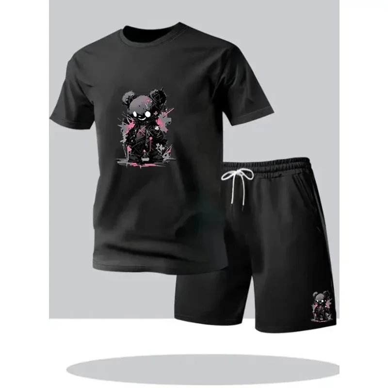 

New Men Women 2 Piece Set Gothic Punk Evil Bear Graphic T-Shirt and Shorts Set Vintage Washed Streetwear Casual Tracksuit