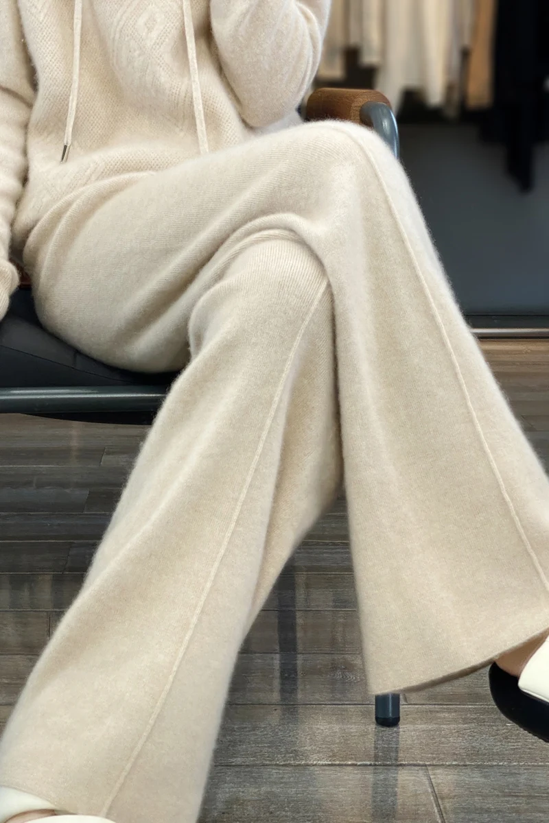 New Autumn and Winter Casual Pants Tie High Waist Women's Loose Wide Leg Pants Warm Cashmere Trousers