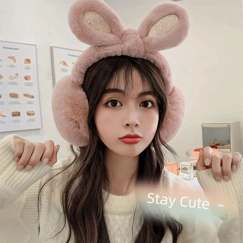 귀여운 플러시 스팽글 토끼 귀 귀마개 동파 방지 접이식 귀 따뜻하게 유지 여성용 두꺼운 귀 덮개