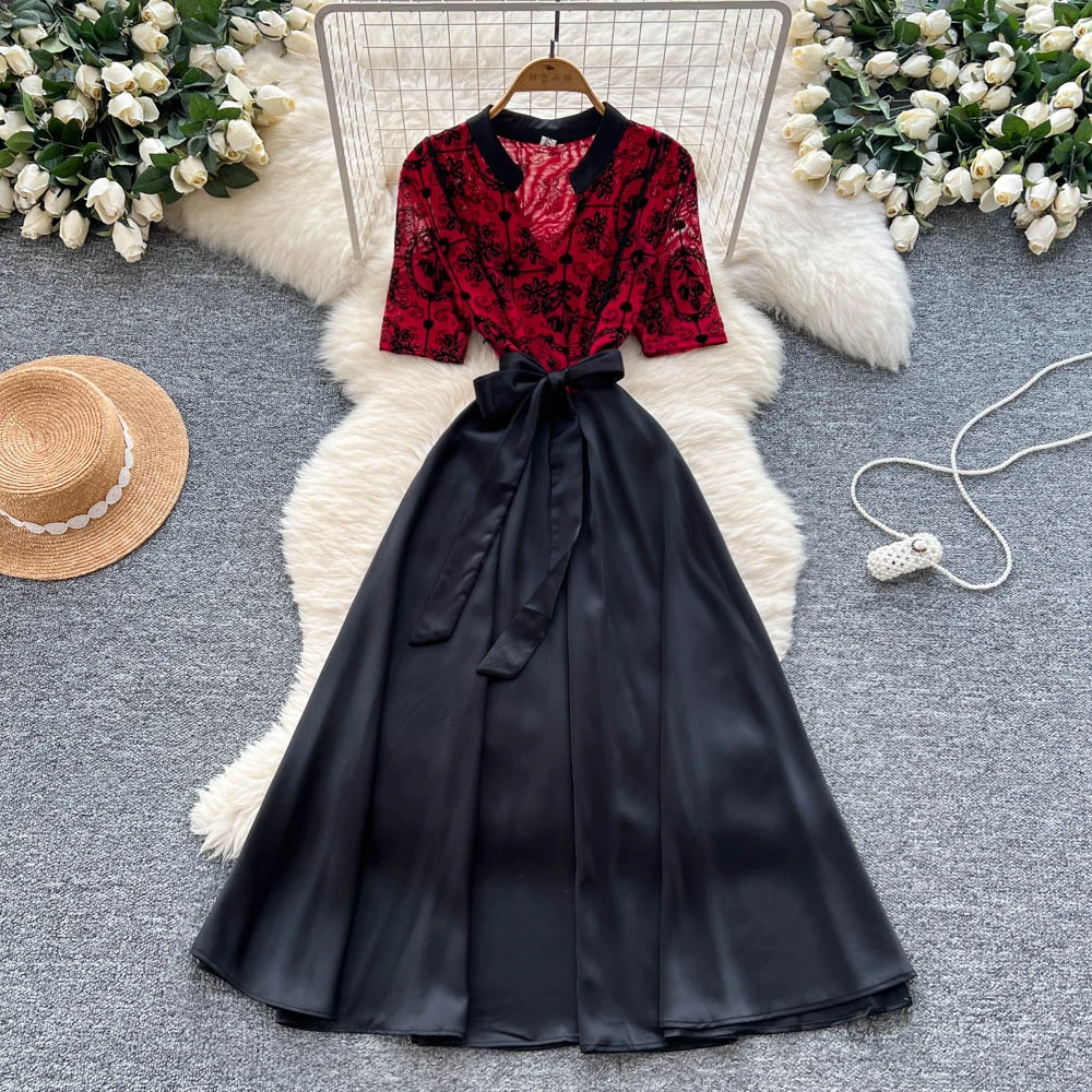 

French Spliced print slim fairycore dress women's summer waist A-line ceremony dresses women clothing