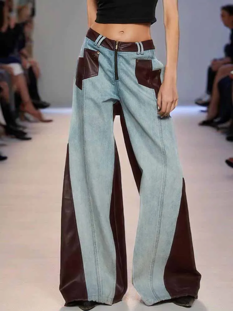 BKQU Vintage cuir Patchwork Baggy jean femmes Unique contrasté taille haute fermeture éclair jambe large Denim pantalon 2025 Chic Streetwear