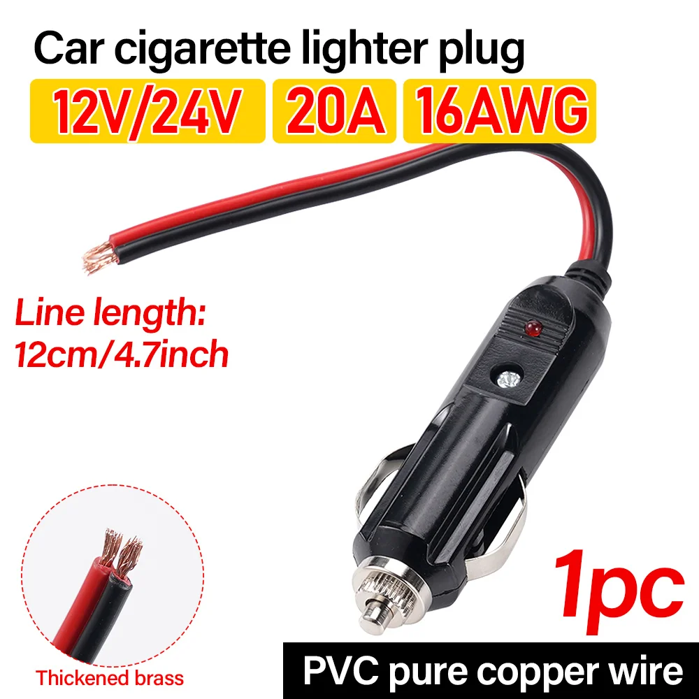 Car Cigarette Lighter LED Socket Plug 12V 24V Universal High Power 16AGW 20A Adapter Connector High Quality PVC Copper Wire