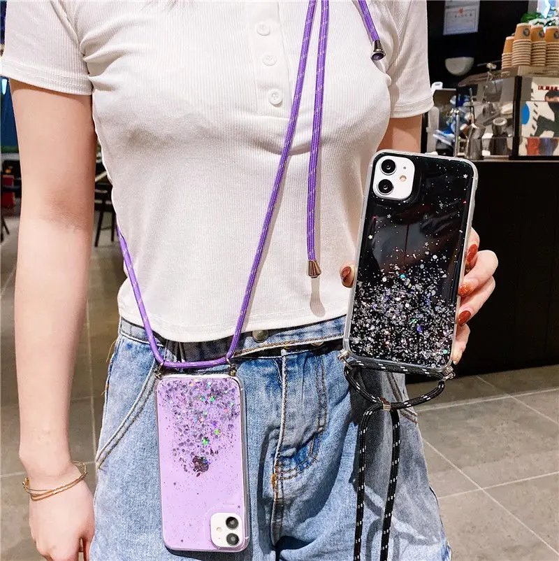 For Xiaomi Redmi Note 13 Pro 4G Plus 5G Luxury Glitter Strap Cord Necklace Lanyard Case On Mi Poco X6 M6 Note13 13pro Back Cover