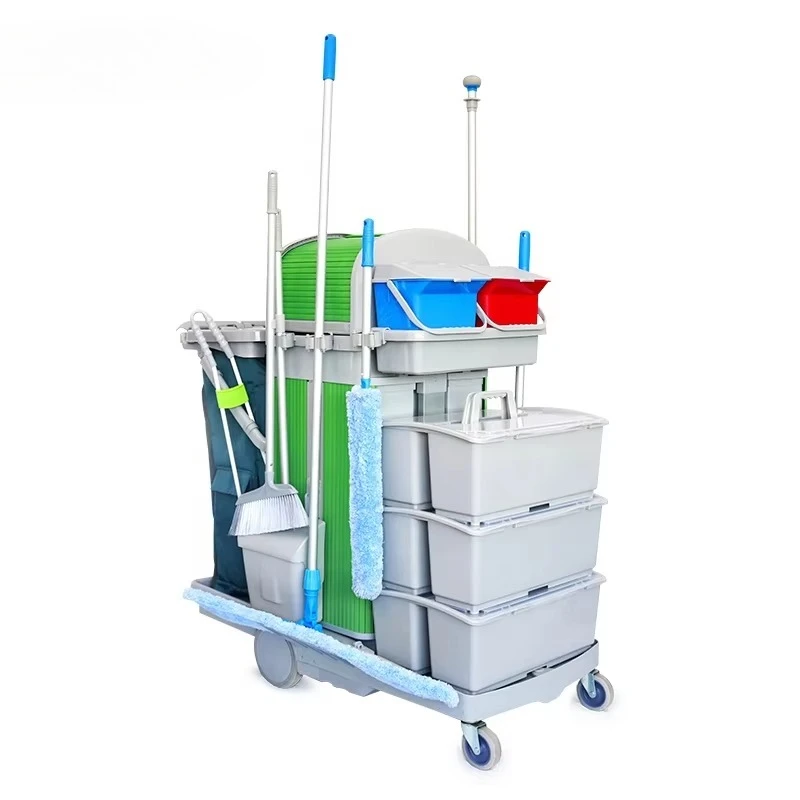 Commercial Lockable Plastic Compact Janitorial Cleaning Cart with Double Trash Bags Source Separation Feature