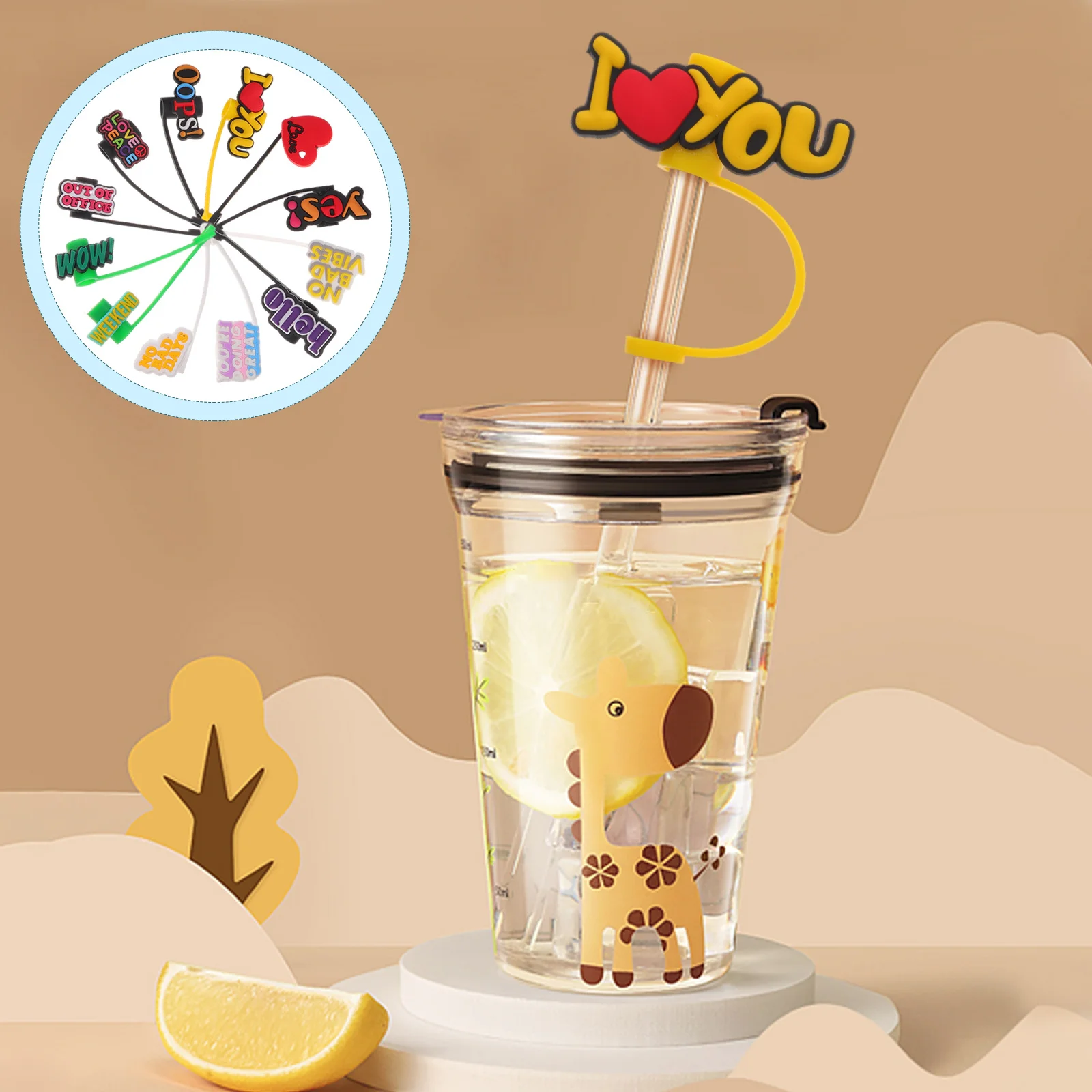 

12 шт., чехлы на соломинки, силиконовые многоразовые колпачки для соломинки для питья с мультяшными буквами, декоративные заглушки для смузи, сока, вечеринки