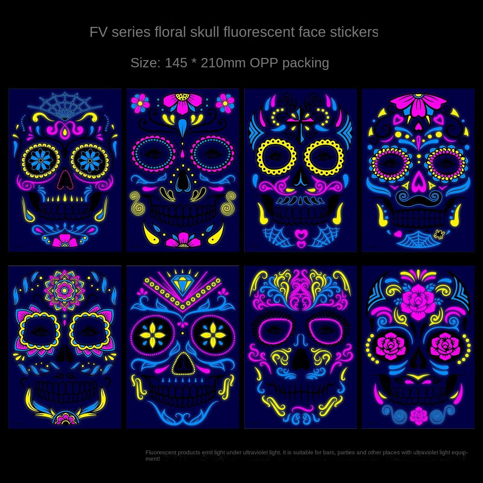 1/4/8PCS Waterproof Fluorescent Temporary Tattoo Neon Halloween Stickers Day of the Dead Party Festival Night Bar Face Stickers