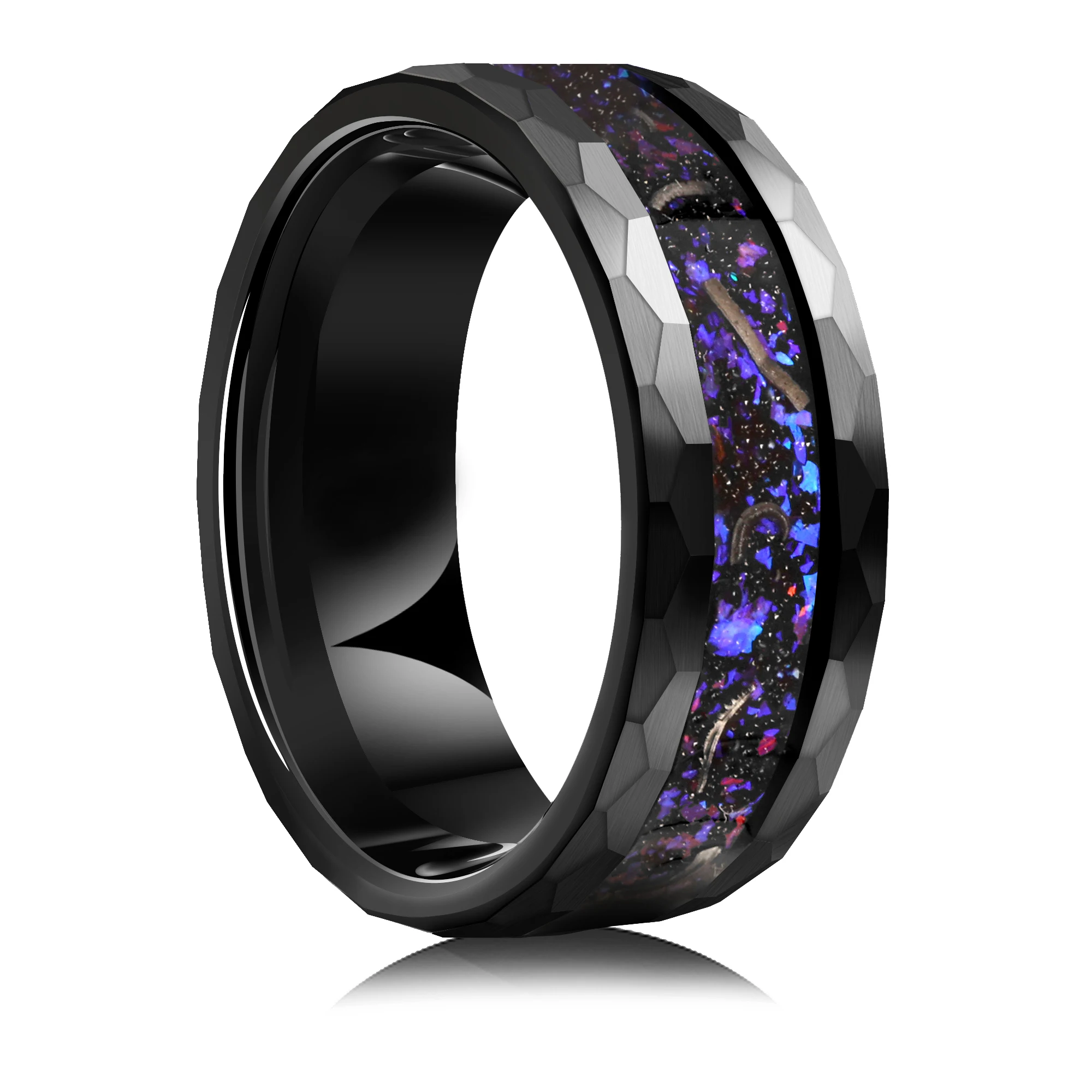 8mm Black Hammered Meteorite Ring Tungsten Galaxy Opal Inlay Luxury Wedding Band for Men Women Fashion Engagement Wedding Band