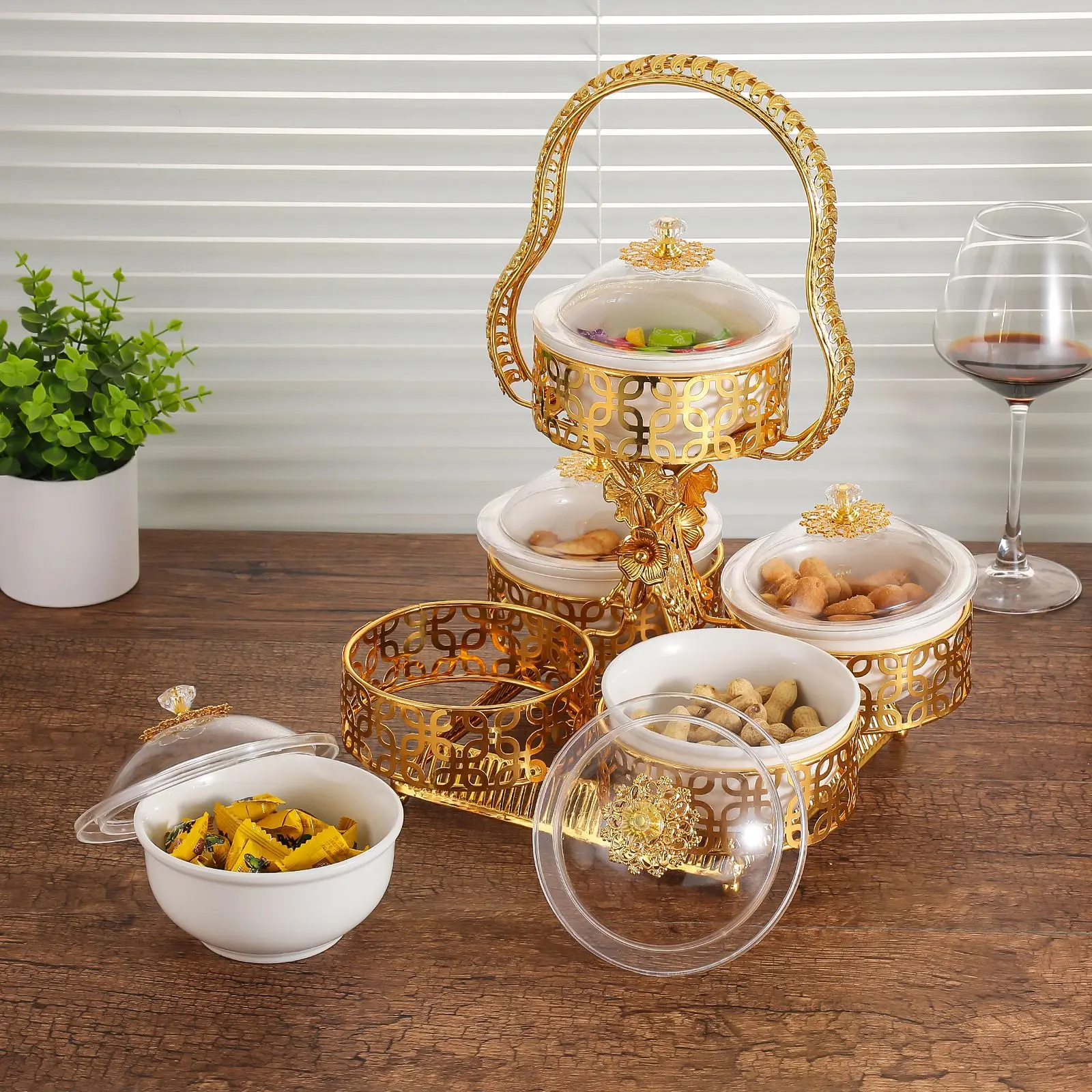 creative five-grid dried fruit snack box, living room light luxury dim sum storage box with lid, Middle East wedding portable