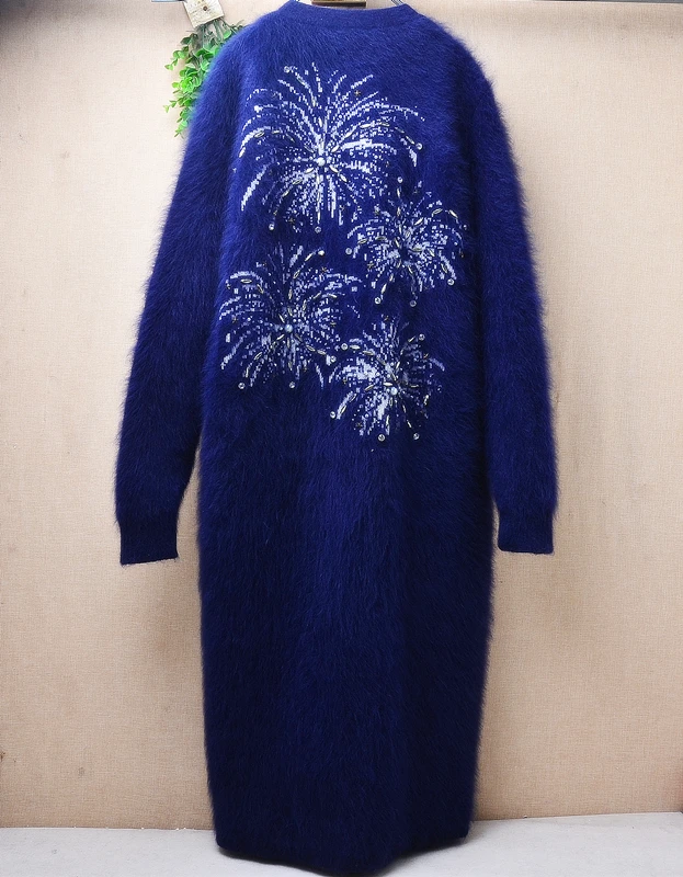 1.3KG Heavy Thick Female Women Autumn Winter Blue Bead Hairy Mink Cashmere Knitted Long Sleeves Loose Long Sweater Cardigan Coat