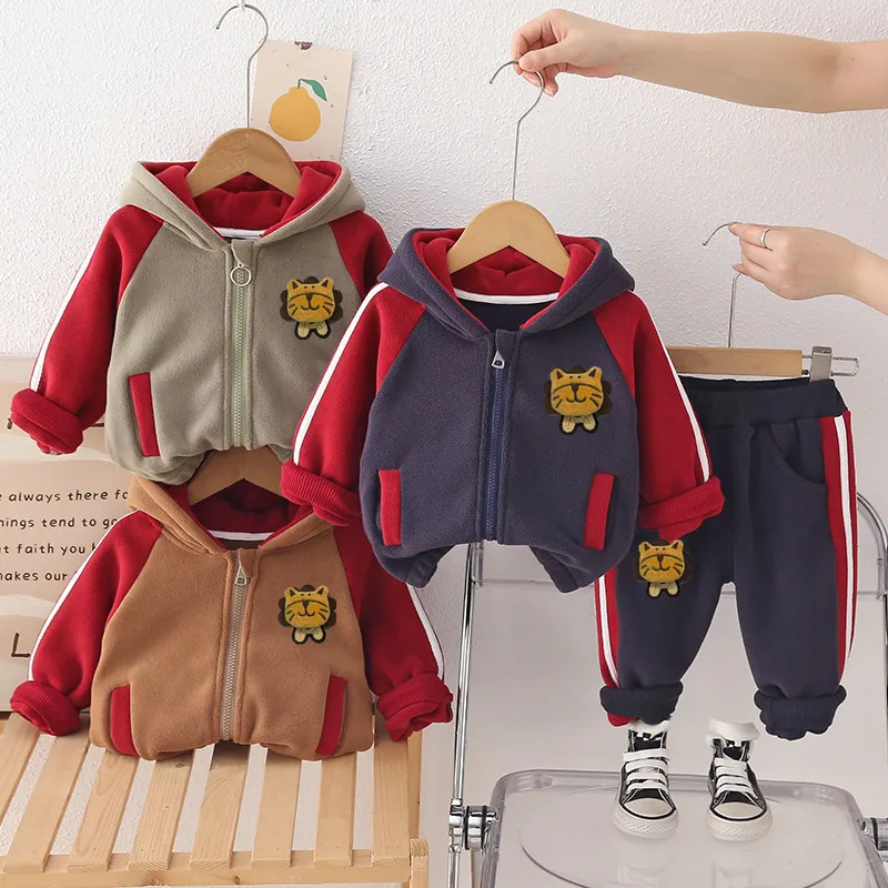 

Boys Thick Clothing Sets Spring Autumn 2025 Children Warm Velvet Hoodies Coats Pants 2pcs Sports Suit For Baby Tracksuits Kids 5