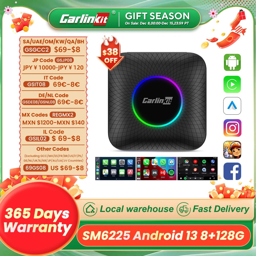 CarlinKit CarPlay Ai Box Android 13 SM6225 8 cores 8G+128G Smart Android TV Box Wireless CarPlay Android Auto Support 512GB SD