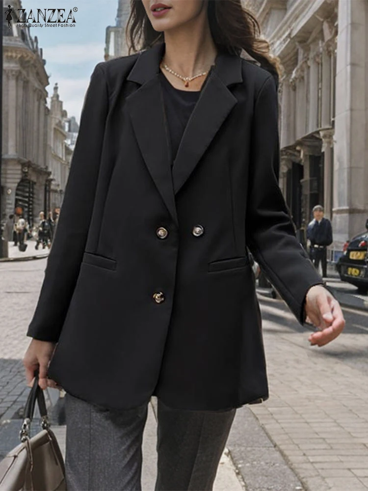 ZANZEA-Veste Doublée Décontractée à Manches sulfpour Femme, Blazer Monochromatique, Combinaison Col pio, Poche de Bureau, Mode Automne, 2024