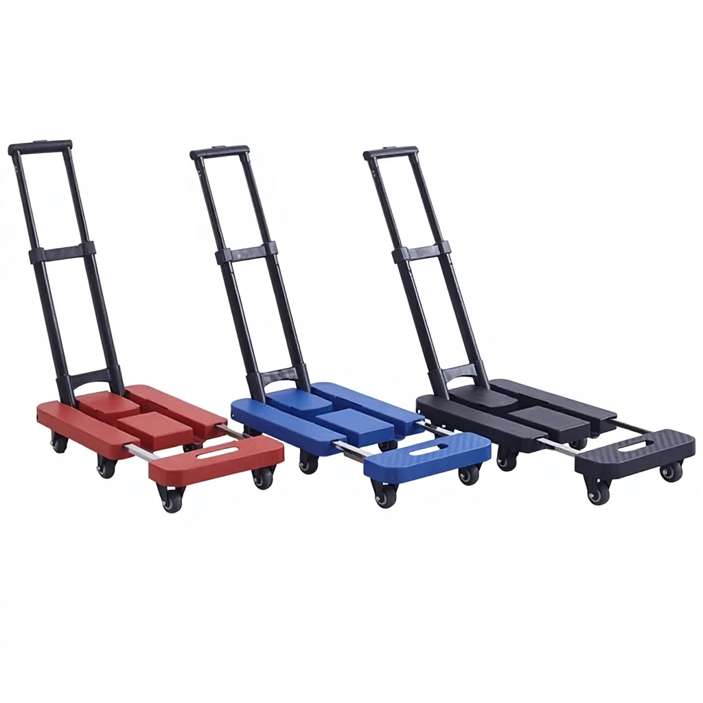 Folding Flatbed Cart, Portable Pulling Cargo Trolley, Luggage Grocery Shopping, 3 Colors Red Blue Black, Heavy Duty