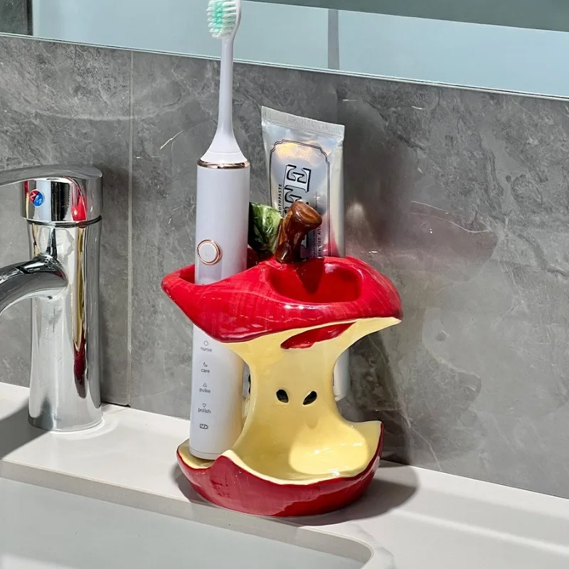 Apple Core Toothbrush Holder Drainage Toothbrush Stand Cute Bathroom Vanity Storage Decor